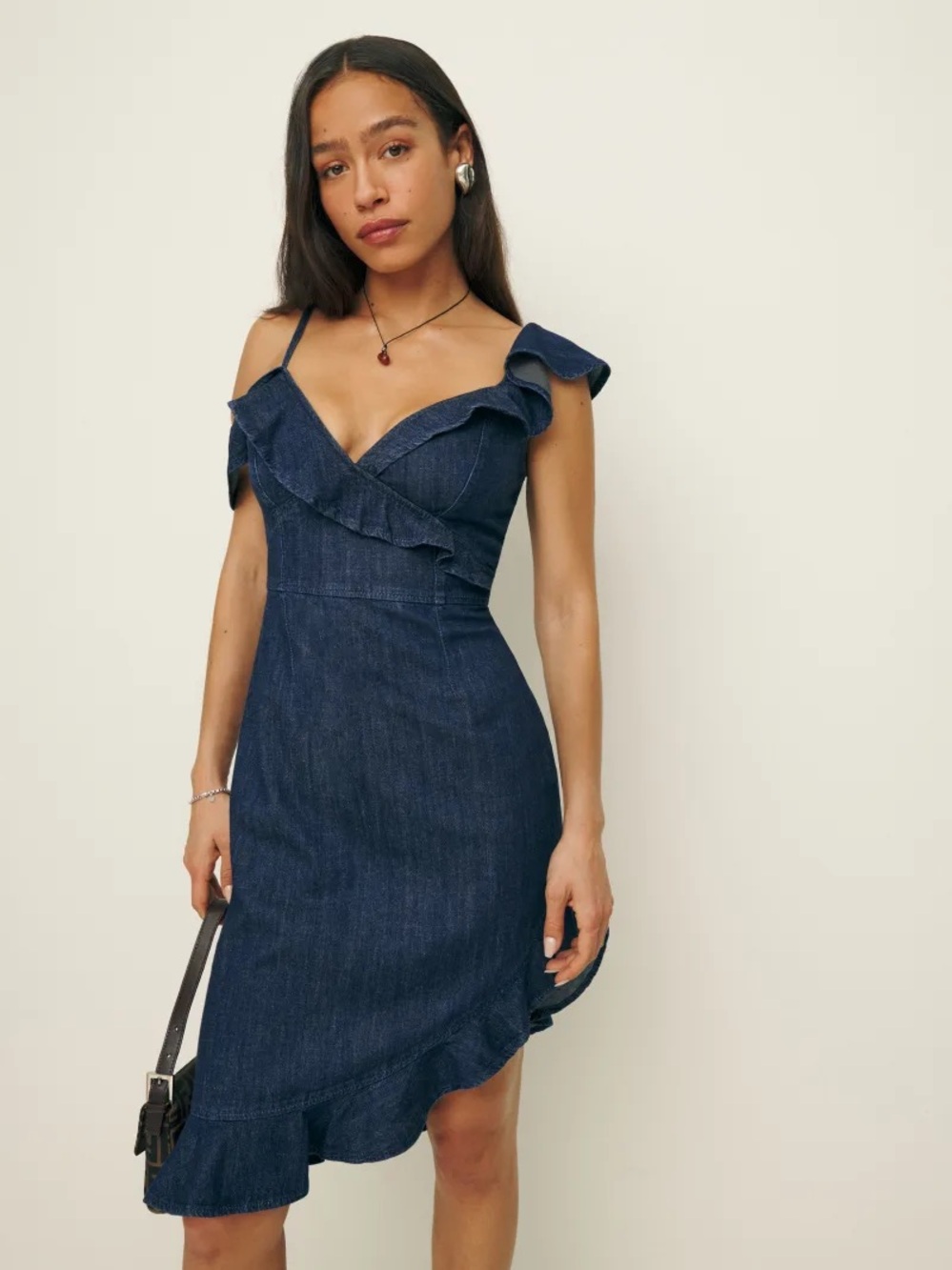 Reformation Evelyn Denim Asymmetrical Dress
